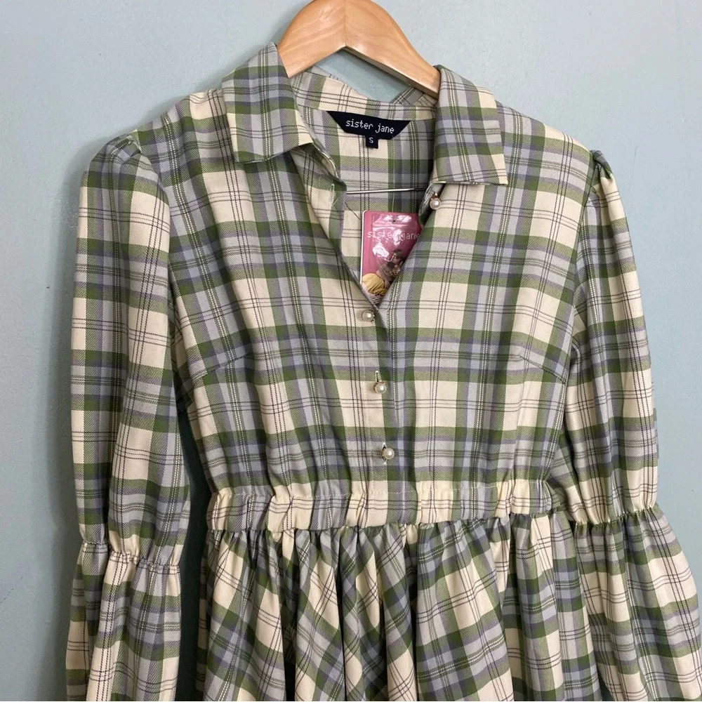 Sister Jane Humble Check Midi Dress Green Plaid Long Sleeve Small - Picture 3 of 7